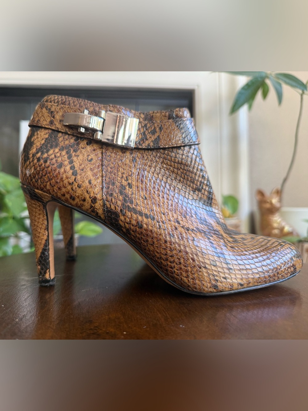 Vince Camuto Brown Snake-Print High Heel Ankle Bootie with Silver Buckle